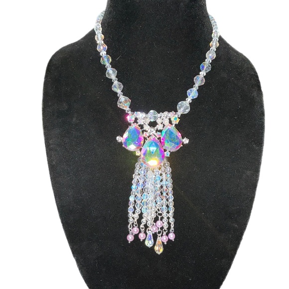 Handmade Aurora Borealis Crystal Waterfall Necklace – Vintage AB Beads, Reimagin - Picture 6 of 7